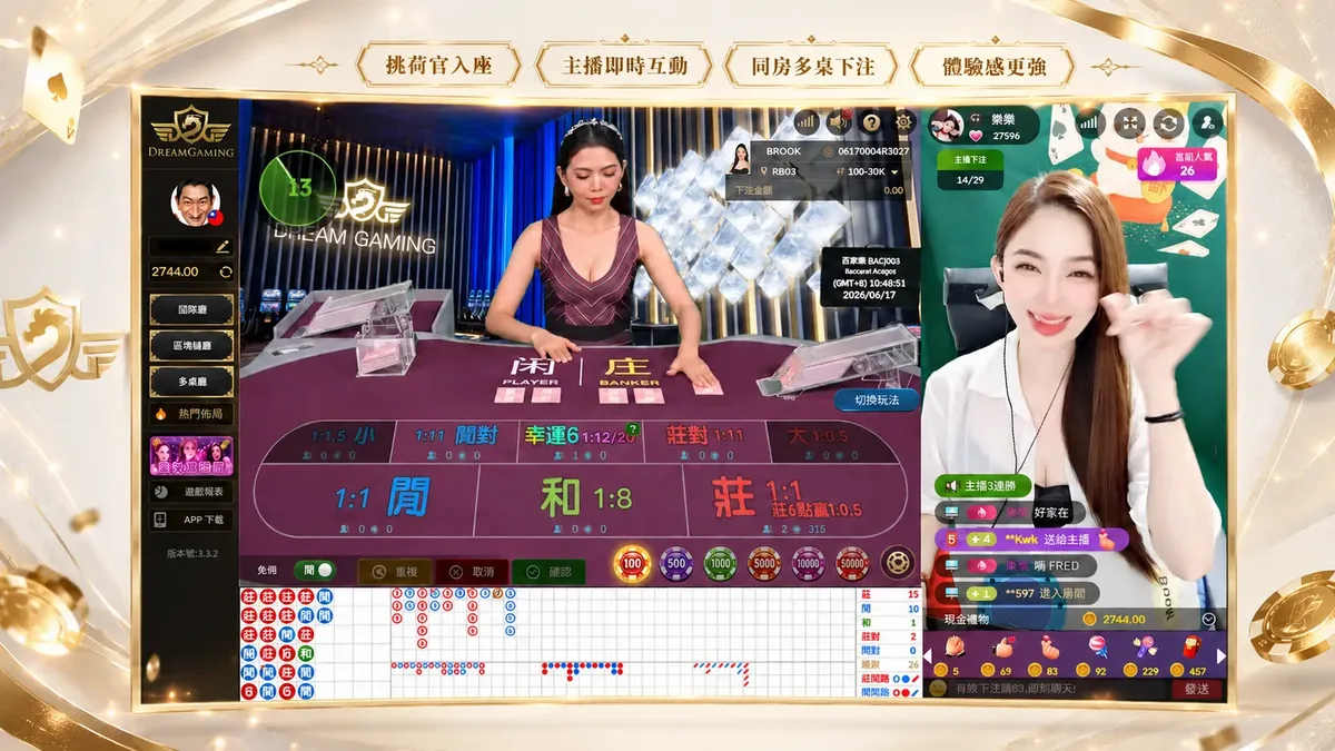DG主播陪玩桌實際畫面:左邊是牌桌下注區、右邊是主播直播間,挑荷官入座、同房還能多桌下注
