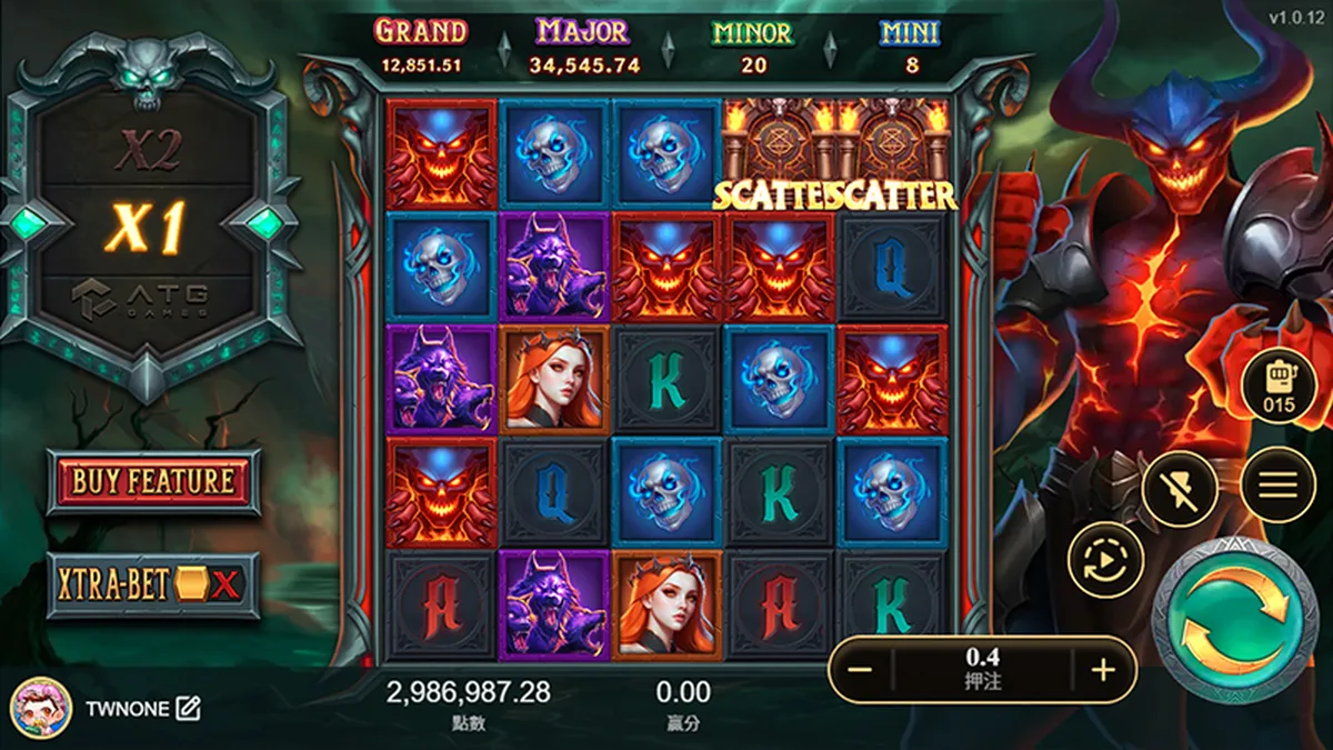 古神巴風特實際盤面：左側 X1 倍數框與 BUY FEATURE 購買免遊選項，盤上同時落下兩顆 SCATTER