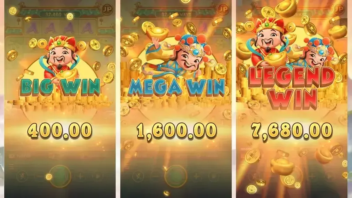 聚寶財神爆分獎項三連畫面:Big Win 400、Mega Win 1,600 一路升到 Legend Win 7,680 的三段獎勵展示
