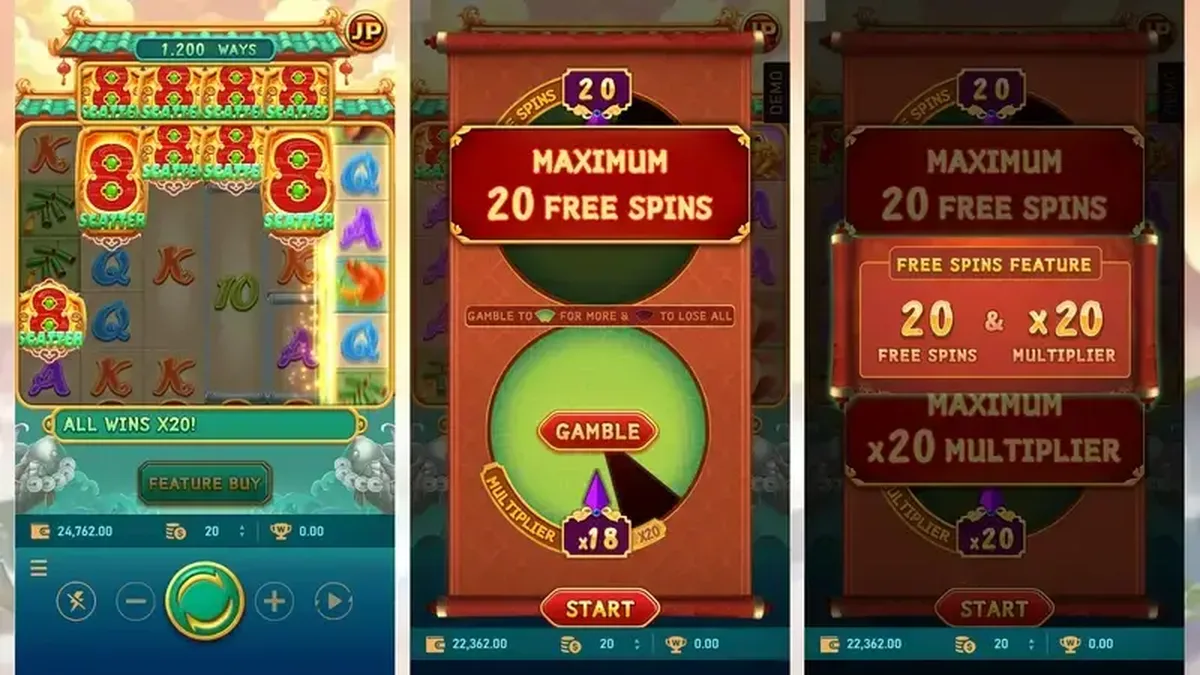 聚寶財神免遊特色畫面:中間為 Gamble 轉盤,右側標示最高 20 場免費遊戲搭 x20 倍數