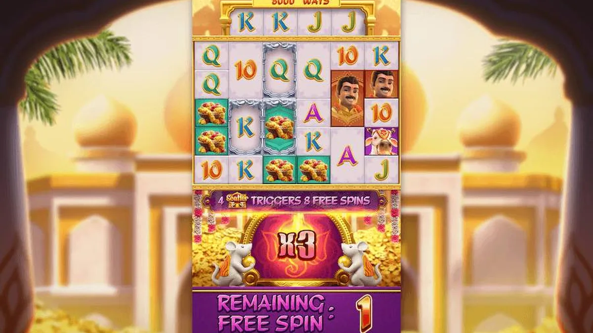 福運象財神免遊畫面：全盤 x3 倍數徽章亮起、剩最後 1 場，金框符號堆滿盤面