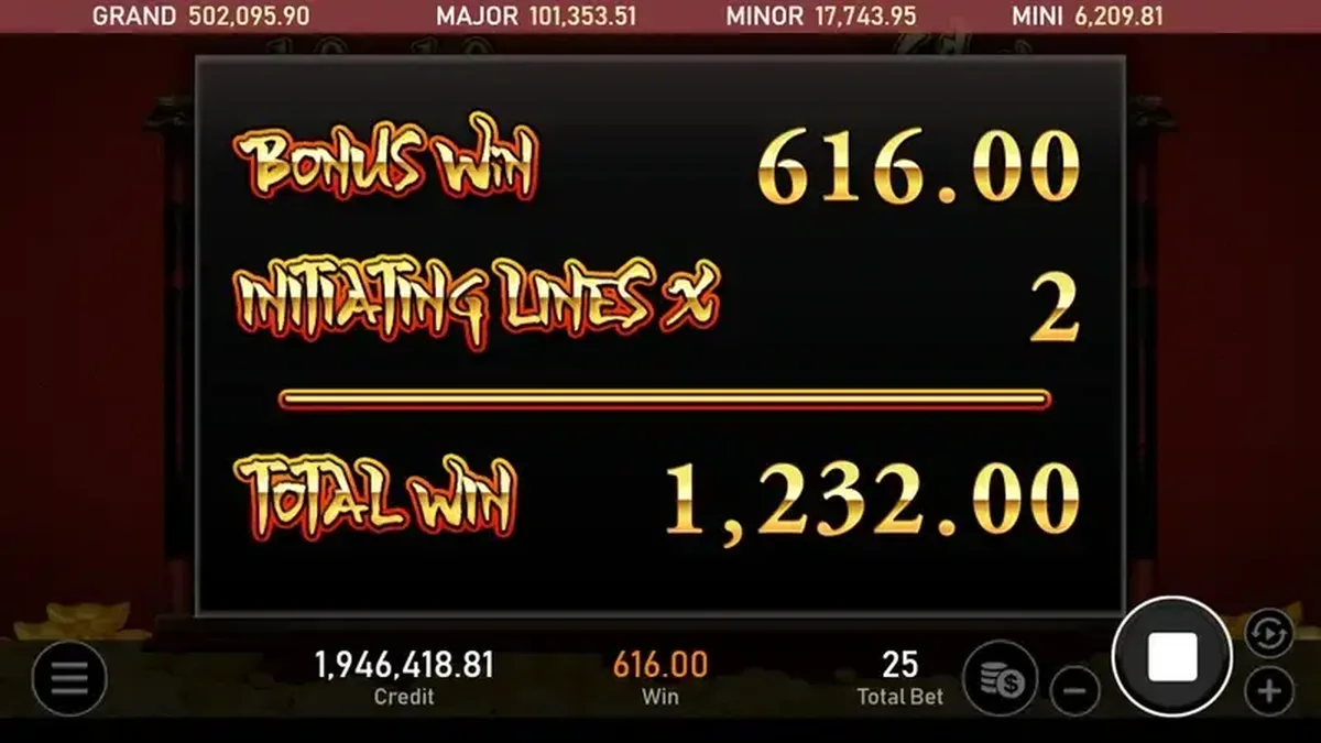 金雞報喜免遊結算畫面:Bonus Win 616 搭 2 條起始中獎線,Total Win 1,232