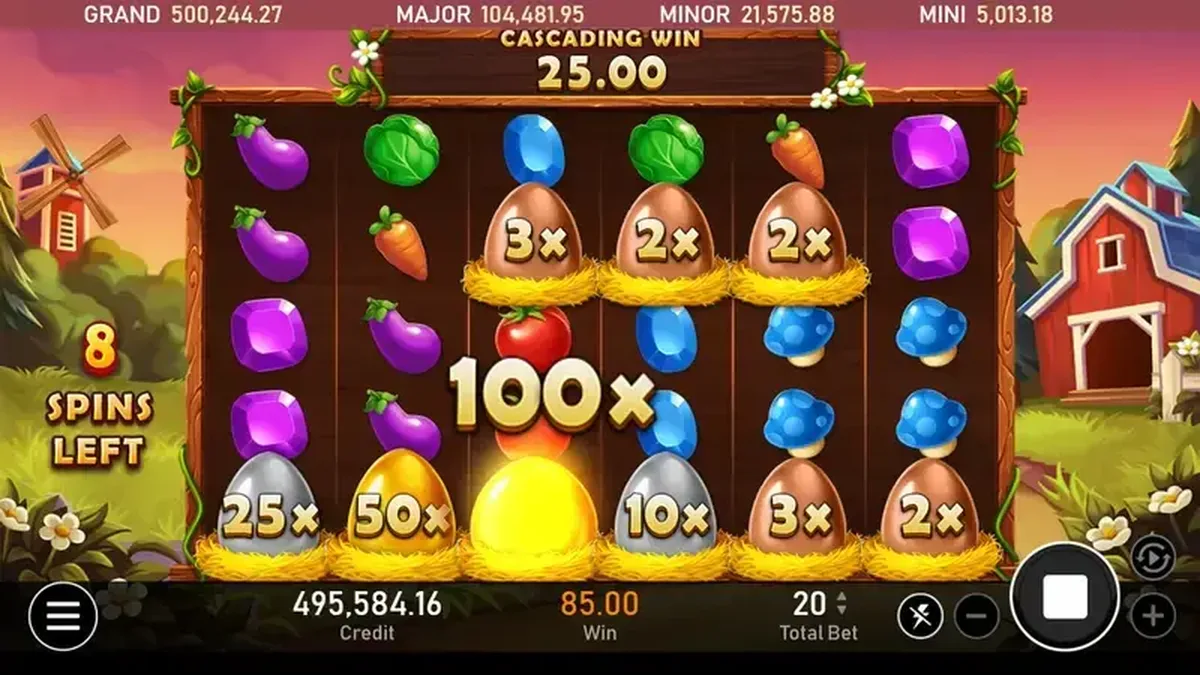 開心農場免遊剩 8 場:盤面開出 100x 大倍數蛋,下排 25x/50x/10x 倍數蛋排隊等開
