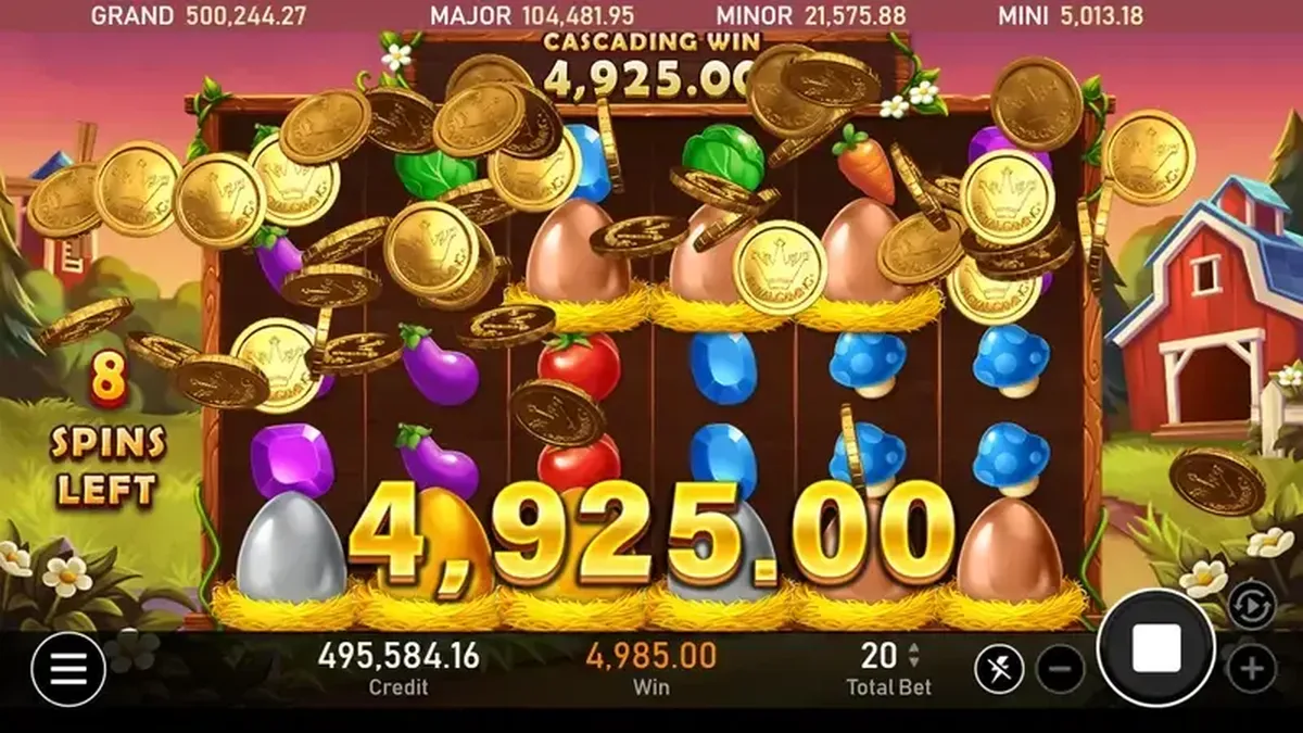 開心農場爆分畫面:金幣噴滿盤面,連消累積贏分 4,925