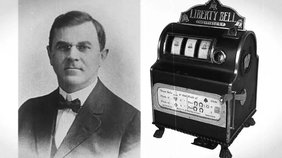 老虎機之父Charles Fey與他1890年代在舊金山打造的「自由鐘」(Liberty Bell)三轉輪機台歷史照(圖:Wikimedia Commons,CC BY-SA 4.0)