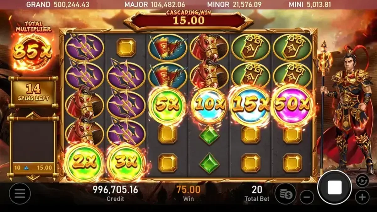 戰神呂布免遊畫面：總倍數疊到 85x、剩 14 場，盤面同時亮出 5x～50x 四色晶球