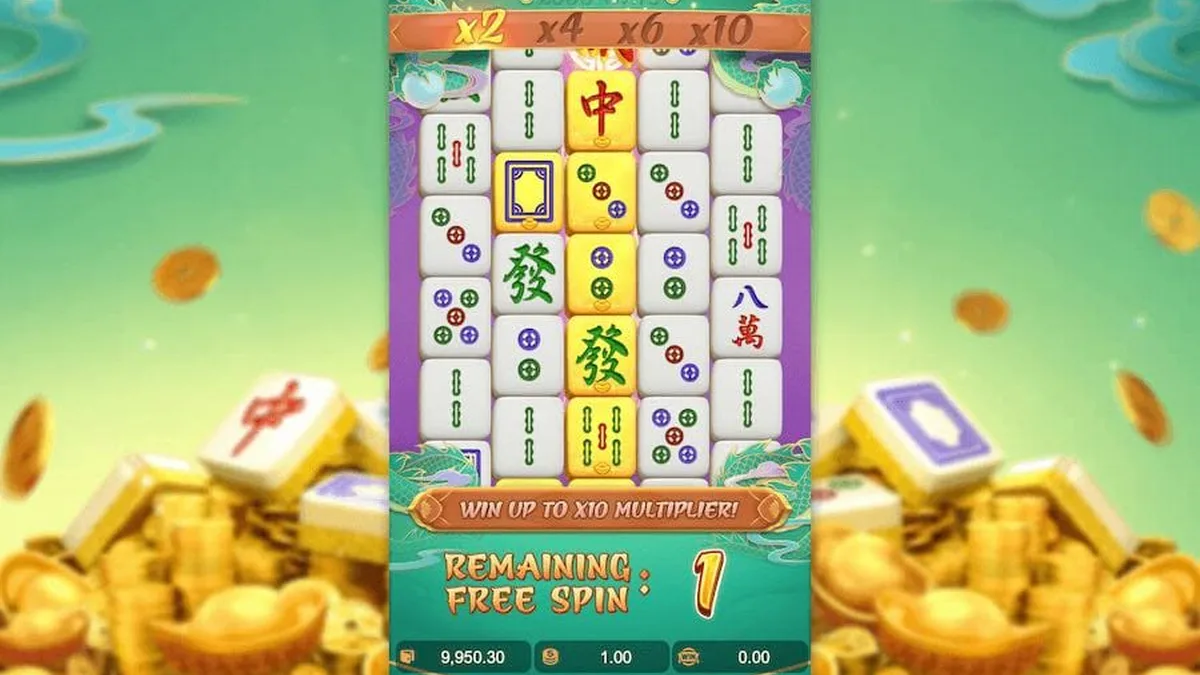 麻將胡了2免遊畫面：倍率階梯升到 x2／x4／x6／x10，金牌符號在盤、剩 1 場免費旋轉