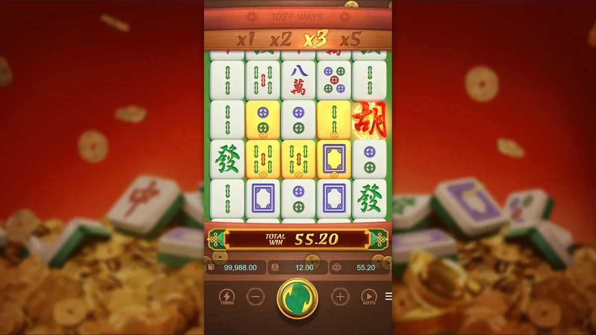 麻將胡了實際盤面：上方 x1～x5 倍率列亮起，胡牌連消後 Total Win 55.20