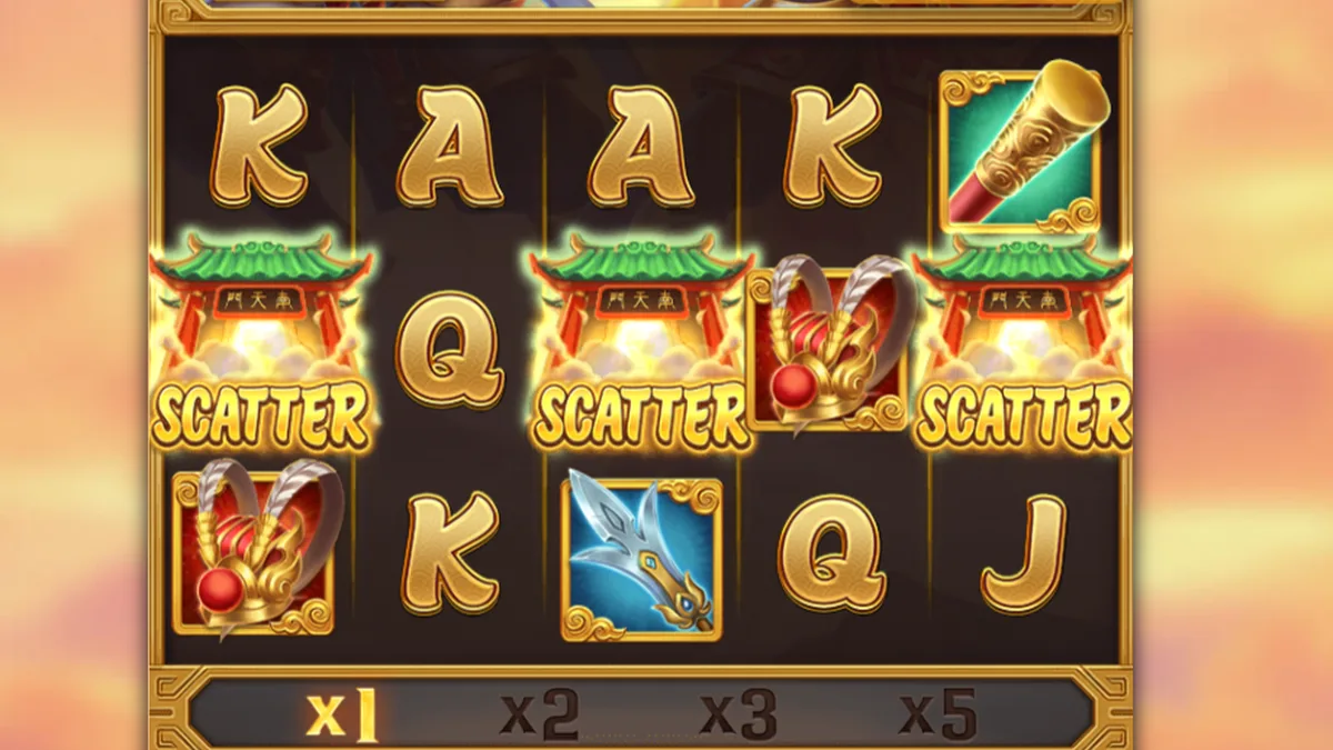 孫行者實際盤面：三顆廟宇 SCATTER 同時落下，底部 X1～X5 倍率條待觸發
