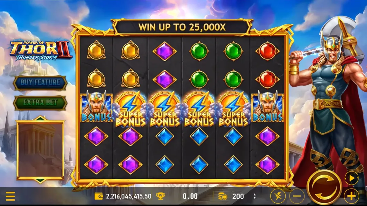 雷神2基本盤面:BONUS 與 SUPER BONUS 符號列隊,上方標示最高可贏 25,000X