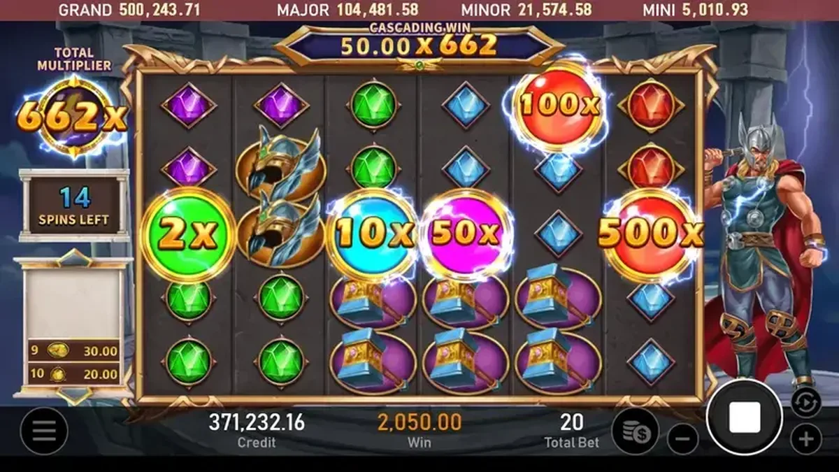 雷神之鎚免遊倍數球盤面：2x～500x 倍數球同場，總倍數加總到 662x、剩 14 場