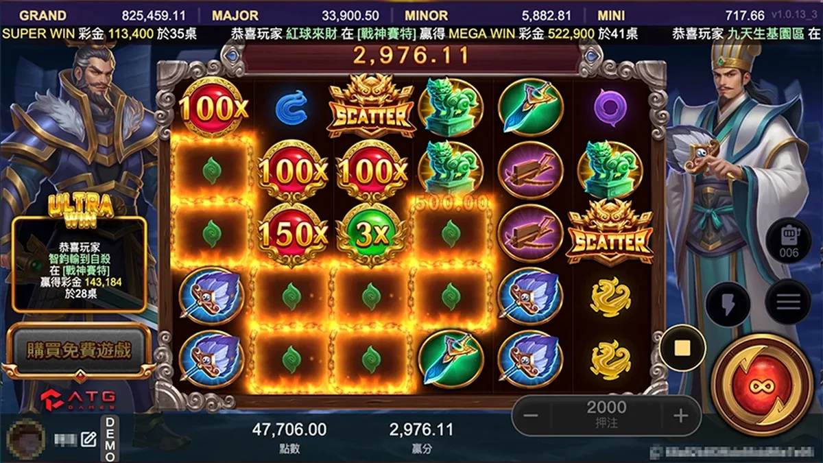 赤三國爆分盤面：100x、150x 倍數球連環引爆，單輪贏分 2,976.11