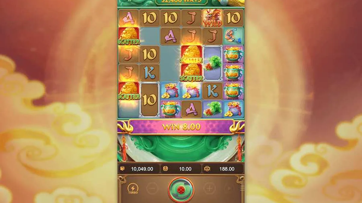 麒麟送寶免遊特色畫面：金框符號鋪滿盤面，連消後贏分累到 8.00